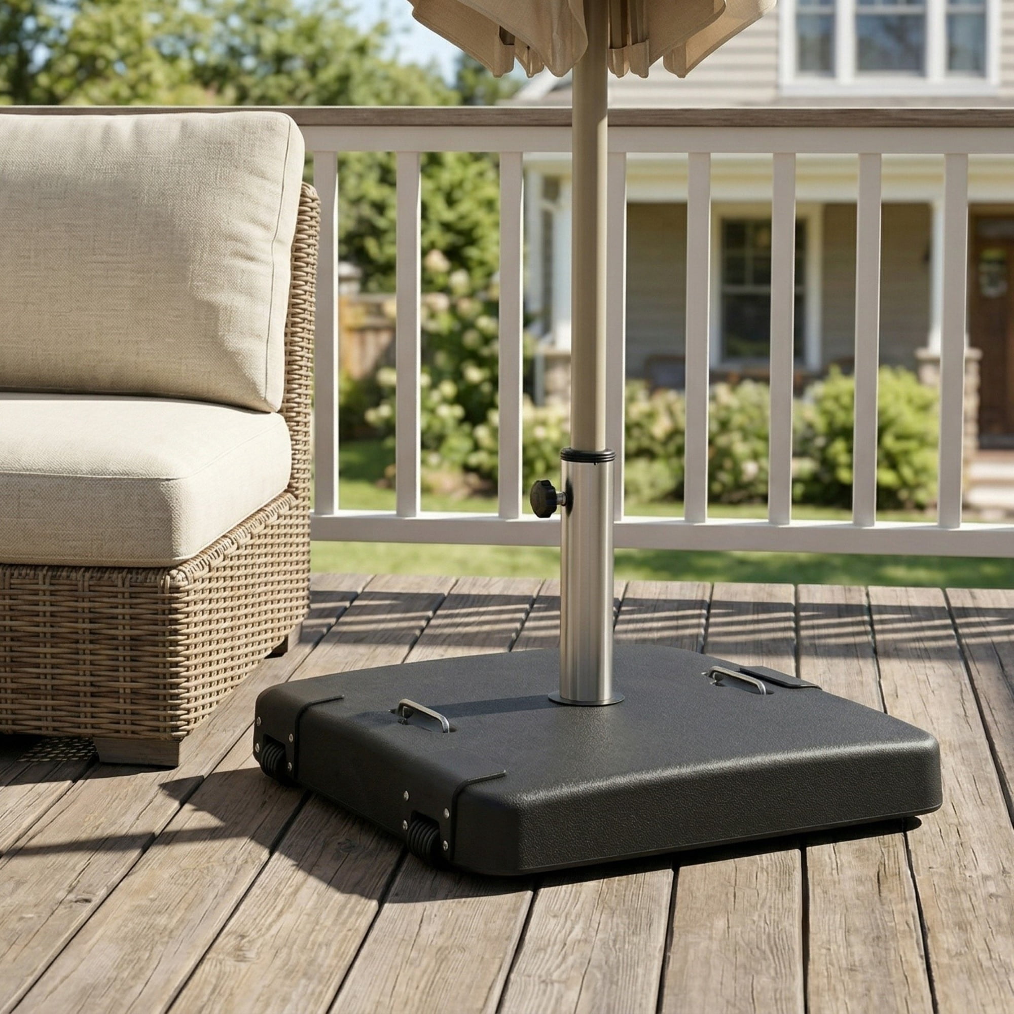 Umbrella Base 114 Pound Square with Concrete Fill and Resin Shell, Heavy Duty Patio Umbrella Stand and Outdoor Shade Base with Handles, Black
