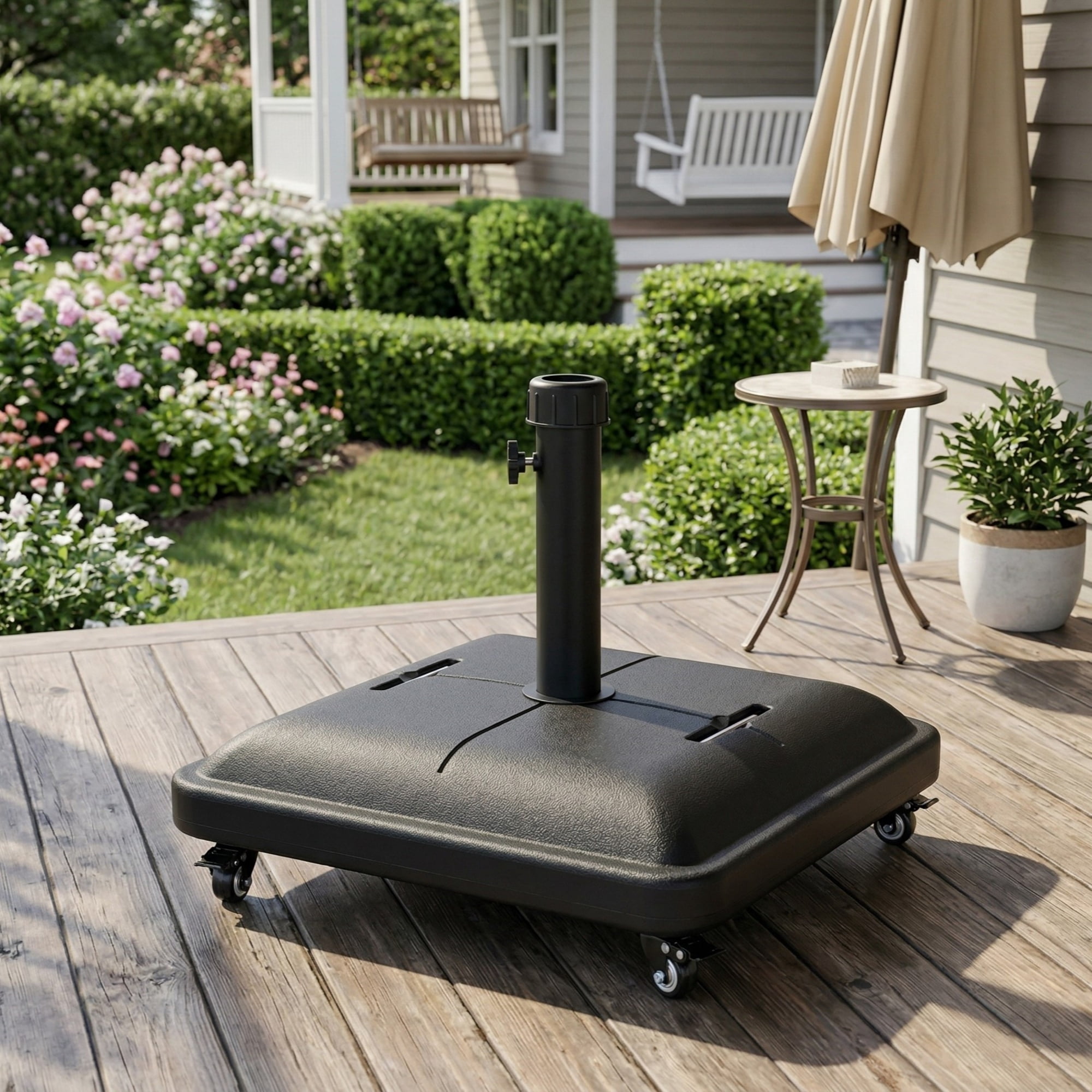 Umbrella Base 90 Pound Square with Concrete Fill and Resin Shell, Heavy Duty Patio Umbrella Stand with Wheels for Outdoor Shade, Black