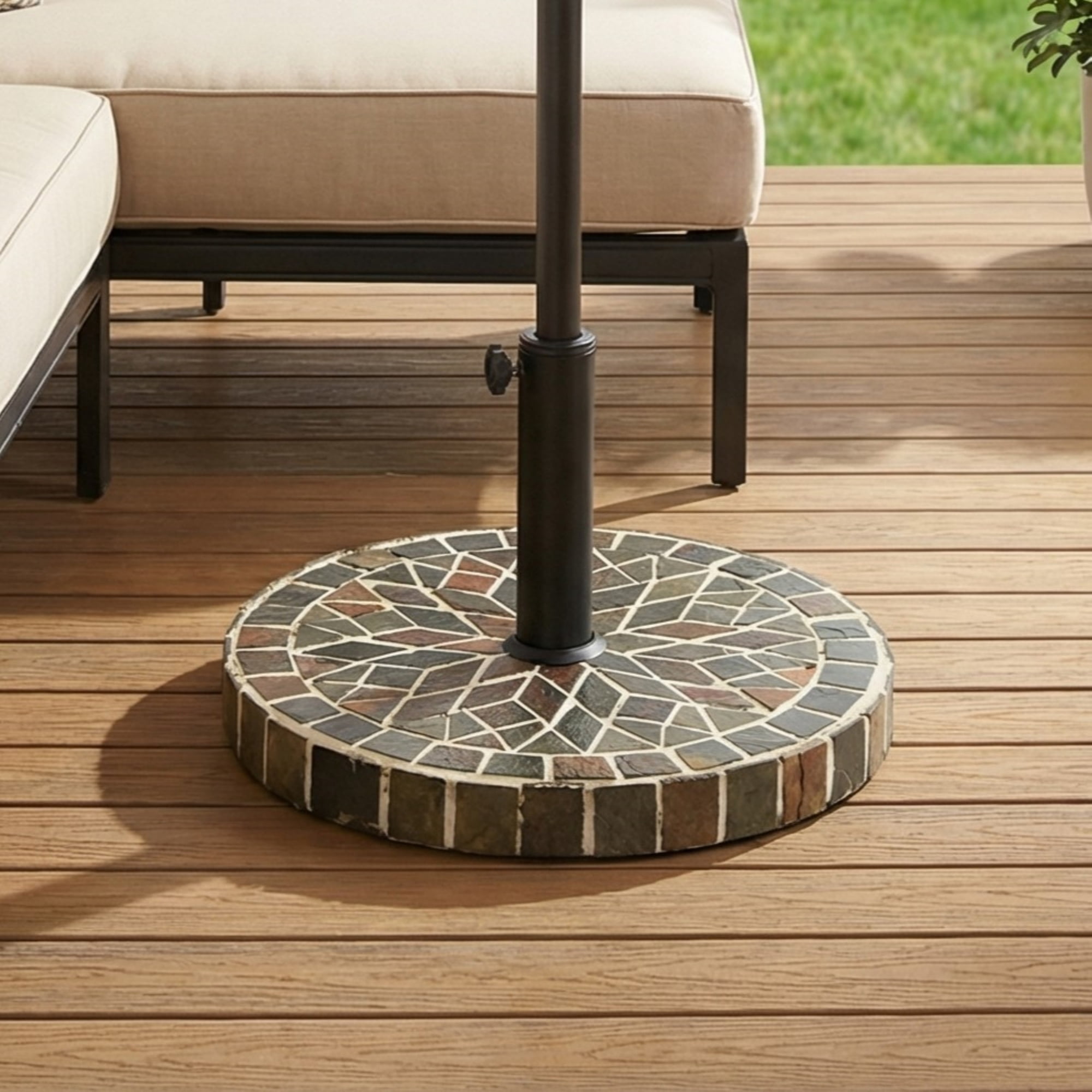 Umbrella Base with Ceramic Tile Mosaic and Concrete Fill, Round Patio Umbrella Stand and Outdoor Shade Base with Iron Pole, Mixed Color