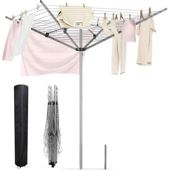 Umbrella Clothes Drying Rack, 164FT 4-Arm Rotary Metal Laundry Drying Rack - Collapsible Outdoor Clothesline for Lawn, Garden, 70.87" H