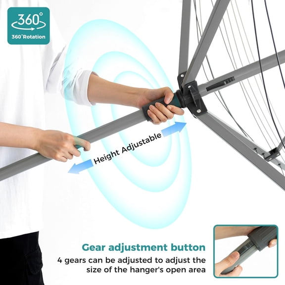 Umbrella Drying Rack, Retractable Outdoor Drying Rack, Height Adjustable, 131 ft Long Clothesline, Holds 5 Laundry Loads, for Garden, with Ground Stake