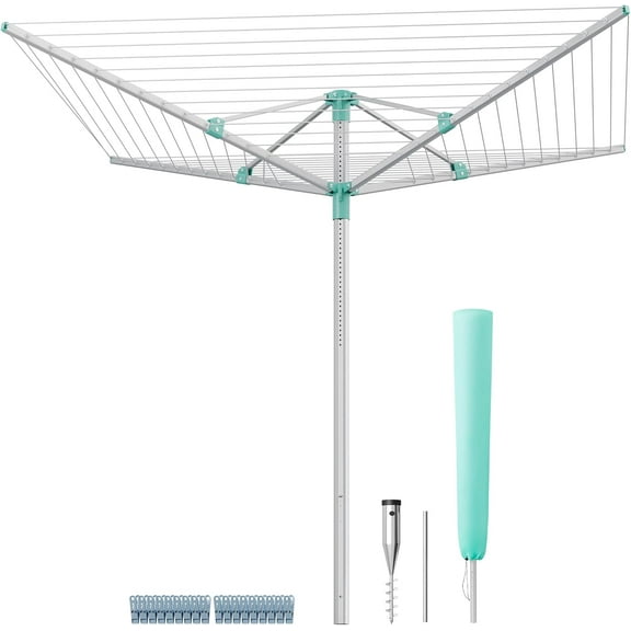 Umbrella Drying Rack, Retractable Outdoor Drying Rack, Height Adjustable, 197 ft Long Clothesline, Holds 6 Laundry Loads, for Garden, with Ground Spike, Cover, Silver and Green ULLR302E01