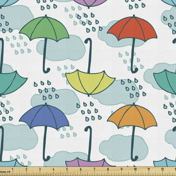 Umbrella Fabric by the Yard, Parasol Pattern in the Rain Cartoon Style Colorful Motifs in Cloud Cumulus Design, Decorative Upholstery Fabric for Sofas and Home Accents, 1 Yard, Multicolor by Ambesonne