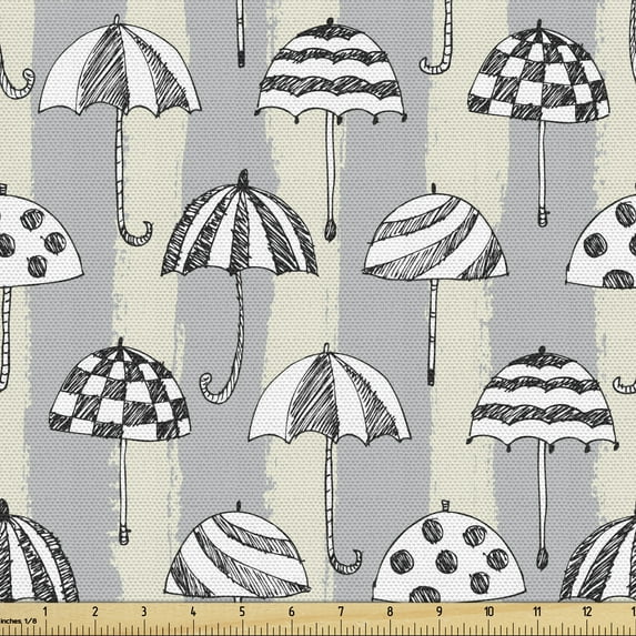 Ambesonne Umbrella Fabric by the Yard Upholstery, Rainy Weather Elements, 5 Yards, Pale Grey and Eggshell