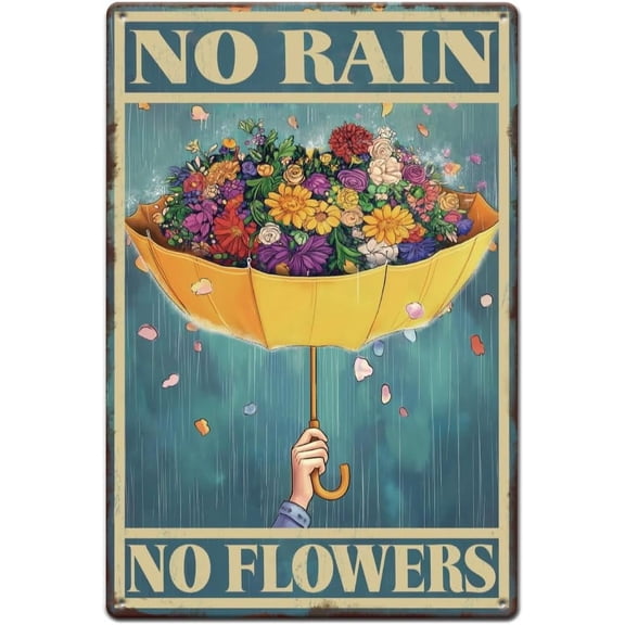 Umbrella Flowers Metal Signs No Rain No Flowers Tin Sign Flower Signs Metal Tin Sign Bathroom Sign Wall Arts for Home Living Room Garden Man Cave Wall Arts Decoration 1pc