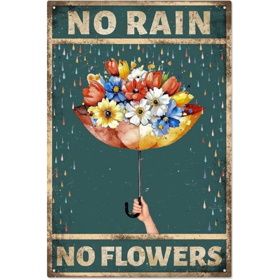 Umbrella Flowers Vintage Metal Tin Sign No Rain No Flowers Retro Metal Poster Sign Novelty Inspirational Floarl Painting Home Wall Art Poster Plaque for Bar Pub Cafe Restaurant 7.8x11.8 Inch