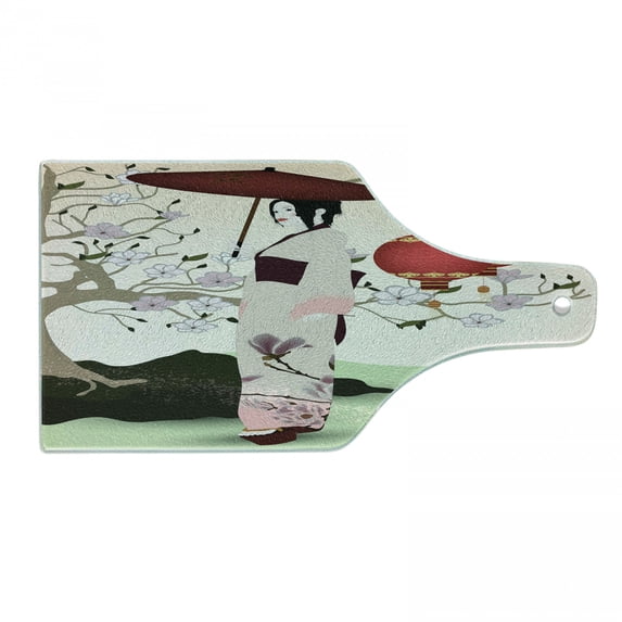 Umbrella Girl Cutting Board, Inspired Geisha Scene with Traditional Oriental Garden, Decorative Tempered Glass Cutting and Serving Board, in 3 Sizes, by Ambesonne