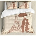 thumbnail image 1 of Umbrella Girl Duvet Cover Set, Couple Kissing with Eiffel Tower on the Background, Decorative 3 Piece Bedding Set with 2 Pillow Shams, Calking Size, Chocolate Pale Mustard, by Ambesonne, 1 of 3