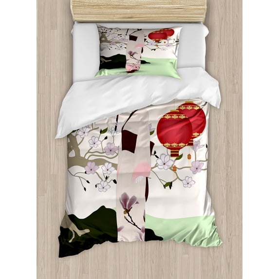 Umbrella Girl Duvet Cover Set, Inspired Geisha Scene with Traditional Oriental Garden, Decorative 2 Piece Bedding Set with 1 Pillow Shams, Twin Size, Pale Green Multicolor, by Ambesonne