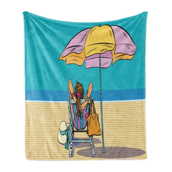 Umbrella Girl Soft Flannel Fleece Blanket, Back Image of a Lady on a Deckchair Relaxing Chilling in Summer, Cozy Plush for Indoor and Outdoor Use, 50" x 60", Pastel Brown Multicolor, by Ambesonne