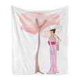 thumbnail image 1 of Umbrella Girl Soft Flannel Fleece Blanket, Slim Woman in a Traditional Dress Beside a Cherry Blossom Tree, Cozy Plush for Indoor and Outdoor Use, 50" x 60", Baby Pink and Multicolor, by Ambesonne, 1 of 5