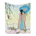thumbnail image 1 of Umbrella Girl Soft Flannel Fleece Throw Blanket, Chinese Digital Artwork of a Woman in a Traditional Dress, Cozy Plush for Indoor and Outdoor Use, 60" x 80", Deep Sky Blue Multicolor, by Ambesonne, 1 of 5