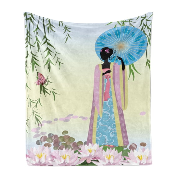 Umbrella Girl Soft Flannel Fleece Throw Blanket, Chinese Digital Artwork of a Woman in a Traditional Dress, Cozy Plush for Indoor and Outdoor Use, 60" x 80", Deep Sky Blue Multicolor, by Ambesonne