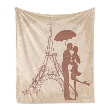 Umbrella Girl Soft Flannel Fleece Throw Blanket, Couple Kissing with Eiffel Tower on the Background, Cozy Plush for Indoor and Outdoor Use, 50" x 60", Chocolate Pale Mustard, by Ambesonne