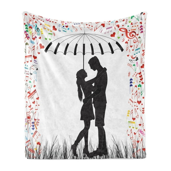 Umbrella Girl Soft Flannel Fleece Throw Blanket, Illustration of a Young Couple with Musical and Hearts, Cozy Plush for Indoor and Outdoor Use, 50" x 60", Charcoal Grey Multicolor, by Ambesonne