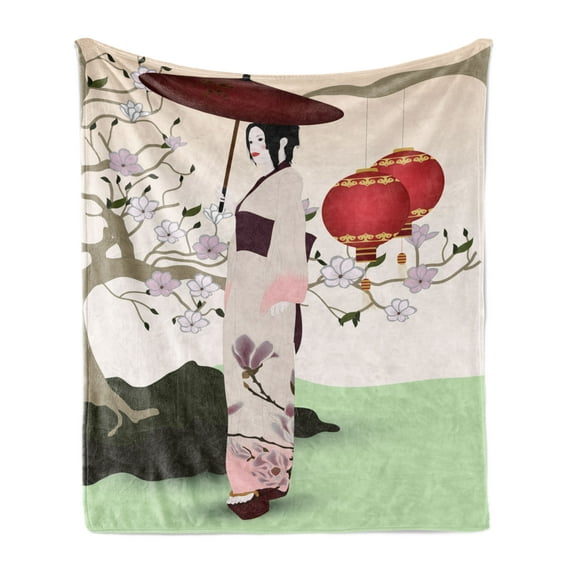 Umbrella Girl Soft Flannel Fleece Throw Blanket, Inspired Geisha Scene with Traditional Oriental Garden, Cozy Plush for Indoor and Outdoor Use, 50" x 70", Pale Green Multicolor, by Ambesonne