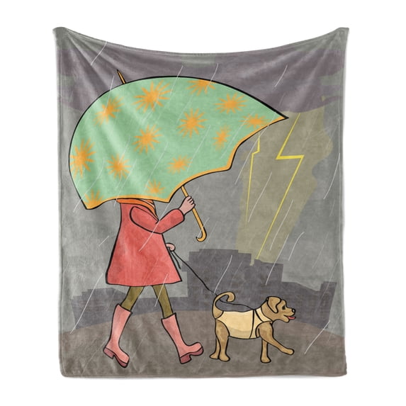 Umbrella Girl Soft Flannel Fleece Throw Blanket, Interpretation of a Lady Walking with a Dog Under Rainy Weather, Cozy Plush for Indoor and Outdoor Use, 50" x 70", Pale Green Multicolor, by Ambesonne