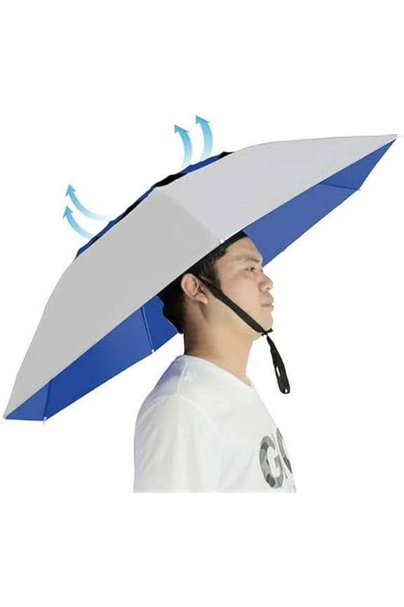 Umbrella Hat Folding Adjustable Sun Rain Cap, 37.4 UPF 50+ UV Protection Large Hands Free Umbrellas, 7-Ribs Waterproof Headwear for Fishing Gardening Golf Sunshade Outdoor