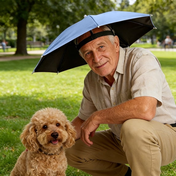 Umbrella Hat, Head-Mounted, Sun Protection, Rainproof, Hands-Free, Adjustable Headband, Foldable, Polyester, 1-Piece, Outdoor Use for Fishing, Hiking, Gardening Navy