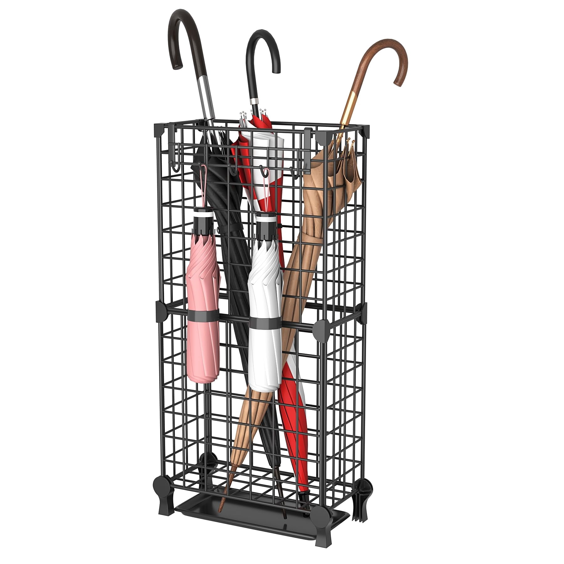 Umbrella Holder Entryway  Stand Freestanding Metal Square Rack Organizer With A Removable Drip Tray Hooks Black