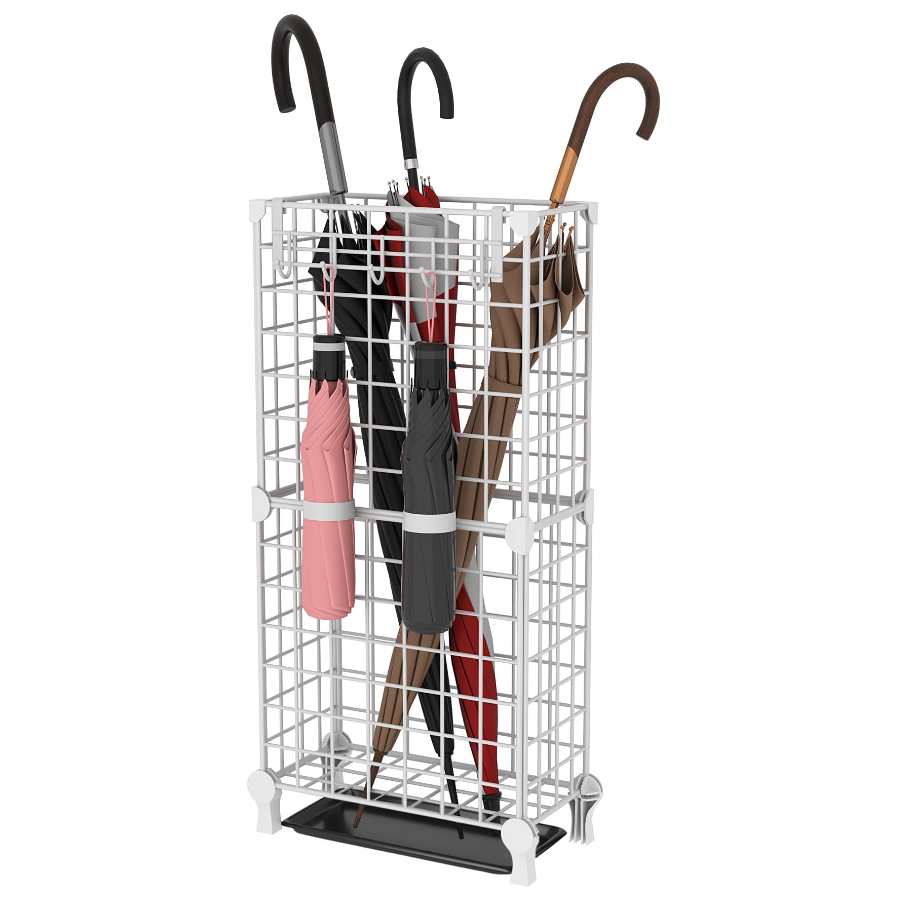 Umbrella Holder Entryway  Stand Freestanding Metal Square Rack Organizer With A Removable Drip Tray Hooks White