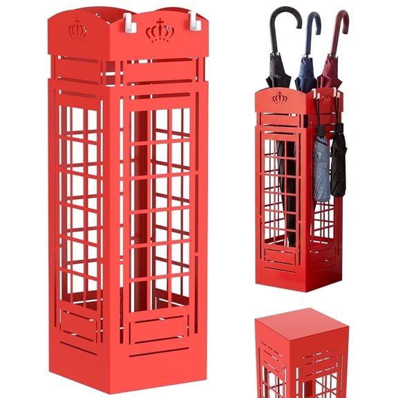 19.5" Tall Umbrella Stand, Metal Freestanding Umbrella Holder for Canes and Entryway Organization, Rustproof Cutout Design, Red