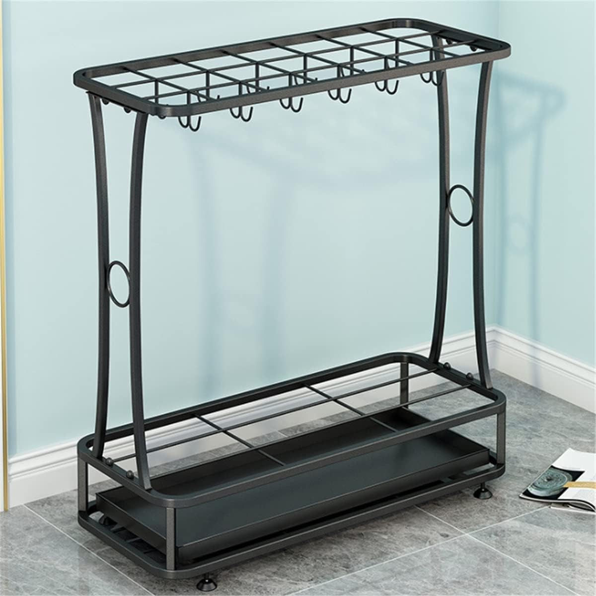 Umbrella Holder Stand with Removable Drip Tray, Slots and Hooks, Free Standing for Indoor Outdoor Home Office Entryway (Black)