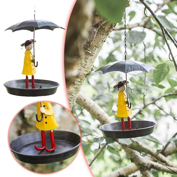 Umbrella Holding Little Girl Metal Garden Bird Feeder Craft Ornament for Bird Watching Decoration