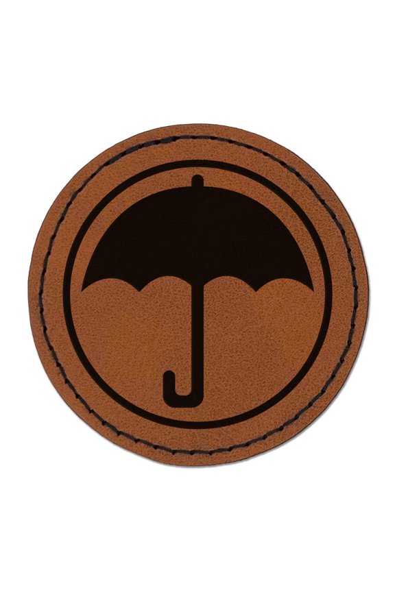Umbrella Keep Dry Icon 2.5" Faux Leather Round Engraved Iron-On Patch - Brown