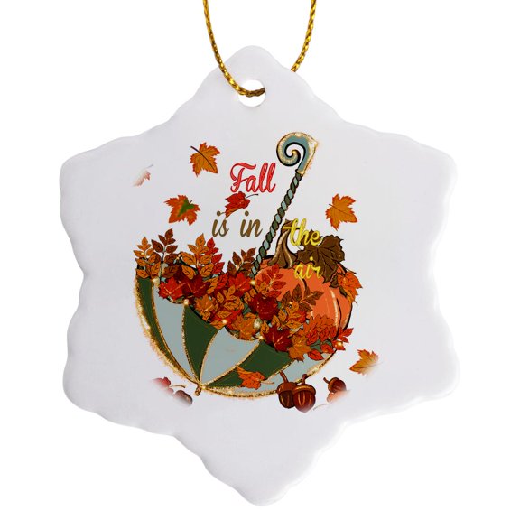 3drose, Umbrella Leaves Pumpkin Fall Is in the Air Quote, 3 inch Snowflake Porcelain Ornament