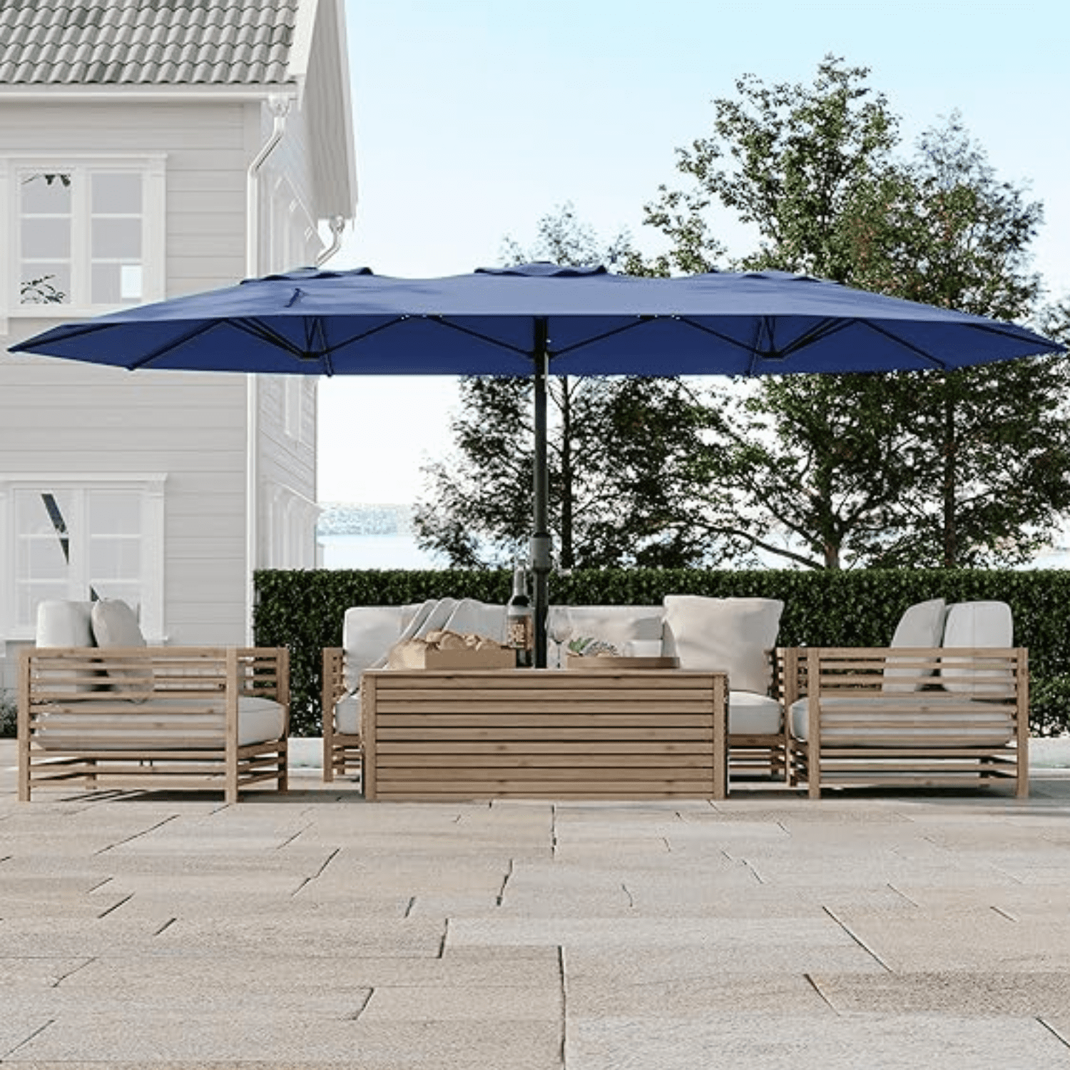 Riedhoff 15ft Outdoor Double-Sided Large Patio Umbrella With Base For Poolside Backyard Navy Blue