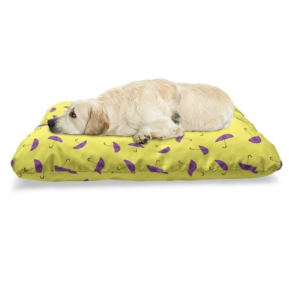 Umbrella Pet Bed, Print of Colored Rain Accessory Patterns Along Retro Design Seasonal Art, Resistant Pad for Dogs and Cats Cushion with Removable Cover, 24" x 39", Yellow and Violet, by Ambesonne