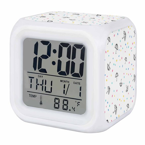 Umbrella Polka Dot Digital Alarm Clock for Bedrooms,Smart LED Alarm Clock with 7 Color Changing Night Light,Summer Cartoon Modern Abstract Art Silent Wake Up Clocks for Sleep Study Cooking 3.2"x3.2"