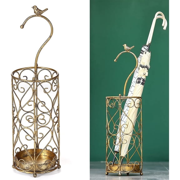 Umbrella Rack Stand,Umbrella Rack for Entryway,Canes Walking Sticks,Cast Iron Bird Handle and Drip Tray (Antique Gold)