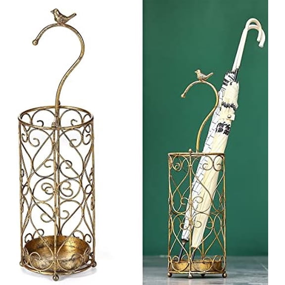 Umbrella Rack Stand,Umbrella Rack for Entryway,Canes Walking Sticks,Cast Iron Bird Handle and Drip Tray (Antique Gold)