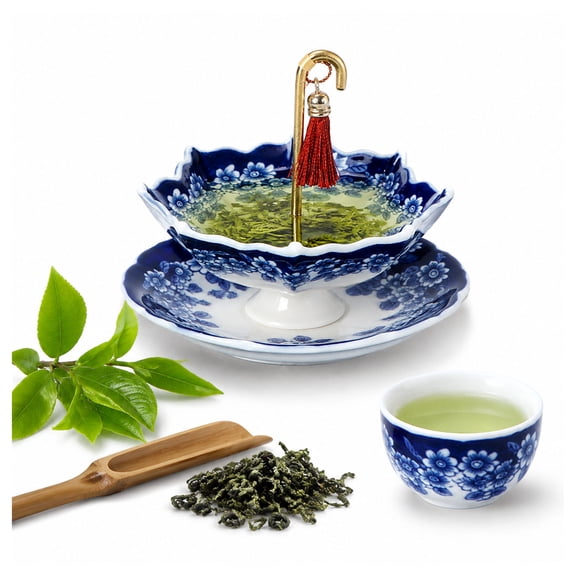 Umbrella Shape Ceramic Tea Strainer,Blue & White Porcelain Loose Leaf Filter with Rotating Design with Tassel for Coffee Brewing,Traditional Oriental Kung Fu Tea Infuser for Tea Brewing