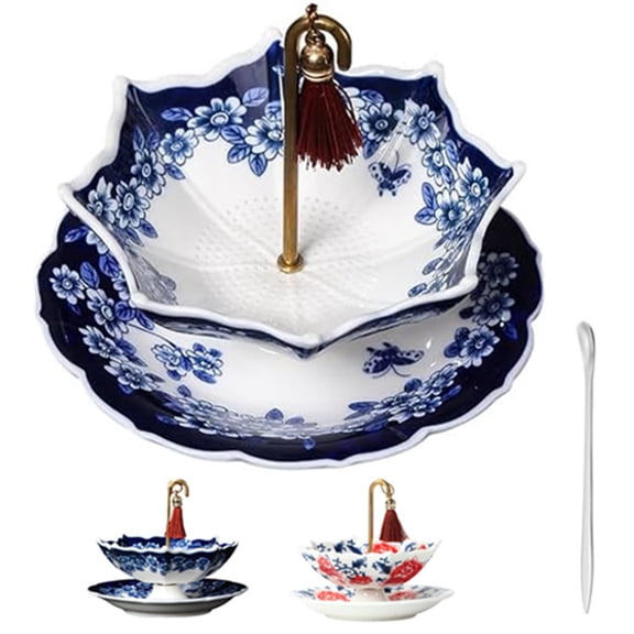 Umbrella Shape Ceramic Tea Strainer, Thickened Umbrella Tea Infuser, Loose Leaf Filter with Rotating Design for Coffee Brewing, Blue & White Tea Filter with Matching Base