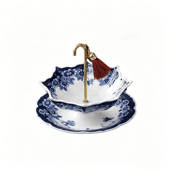 Umbrella-Shaped Blue and White Porcelain Tea Strainer with Drip Tray & Tassel Handle, Vintage Chinese Ceramic Loose Leaf Tea Infuser Filter, Reusable Tea Filter for Home Office Tea Gift