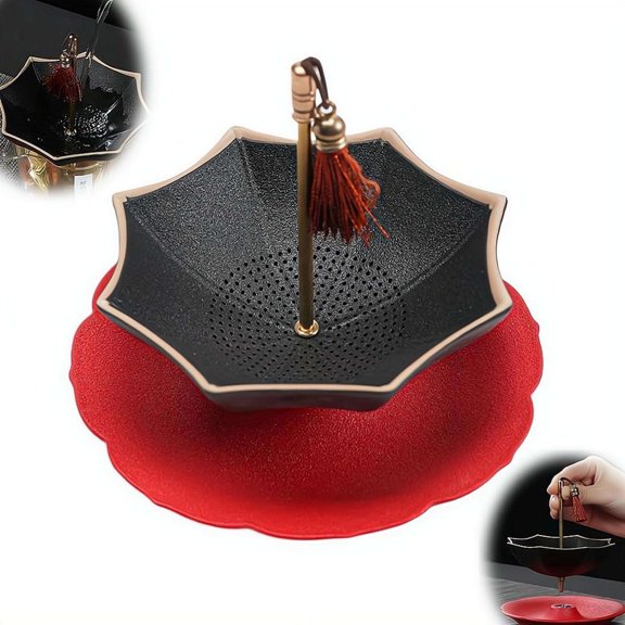 Umbrella Shaped Ceramic Tea Strainer, 2027 NEW Red Porcelain Loose Leaf Tea Filter with 360 Rotating Design, Chinese Gongfu Infuser plus Coffee Brewing Tool for Mugs and Teapots, Unique Gift Set