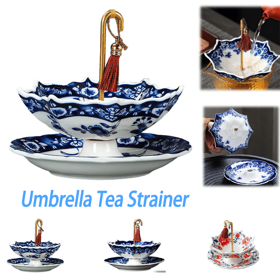 Umbrella Shaped Ceramic Tea Strainer - Blue White Porcelain Tea Infuser - Loose Leaf Tea Strainer, Rotating Multifunctional Tea Filter, Ceramic Tea Set for Tea Coffee Brewing, Ccwuwei