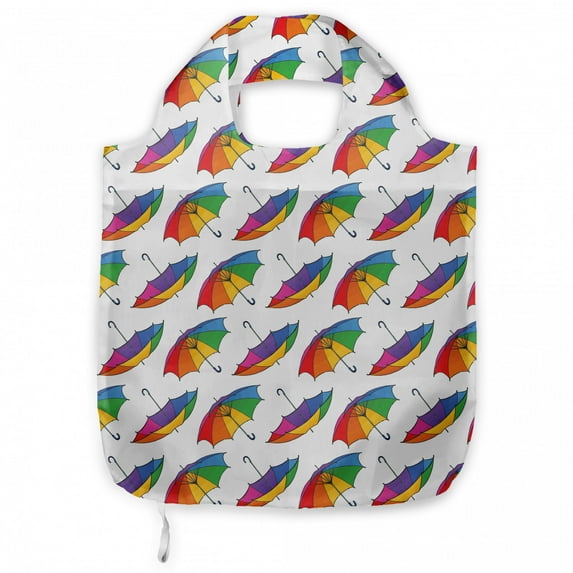 Umbrella Shopping Tote Bag, Rainbow Colored Ornamental LGBT Open Parasol Drawings on Plain Backdrop, Sturdy Fabric Foldable Lightweight Market Bag for Daily Use, White and Multicolor, by Ambesonne