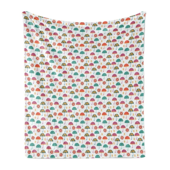 Umbrella Soft Flannel Fleece Throw Blanket, Colorful Composition of Vibrant Flowers and Umbrella Summer Concept, Cozy Plush for Indoor and Outdoor Use, 50" x 70", Multicolor, by Ambesonne