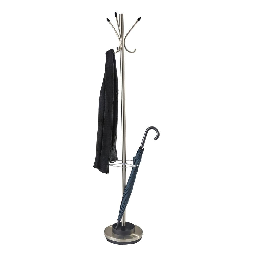 Tall Silver Steel Coat Rack with Umbrella Stand and Black Accents