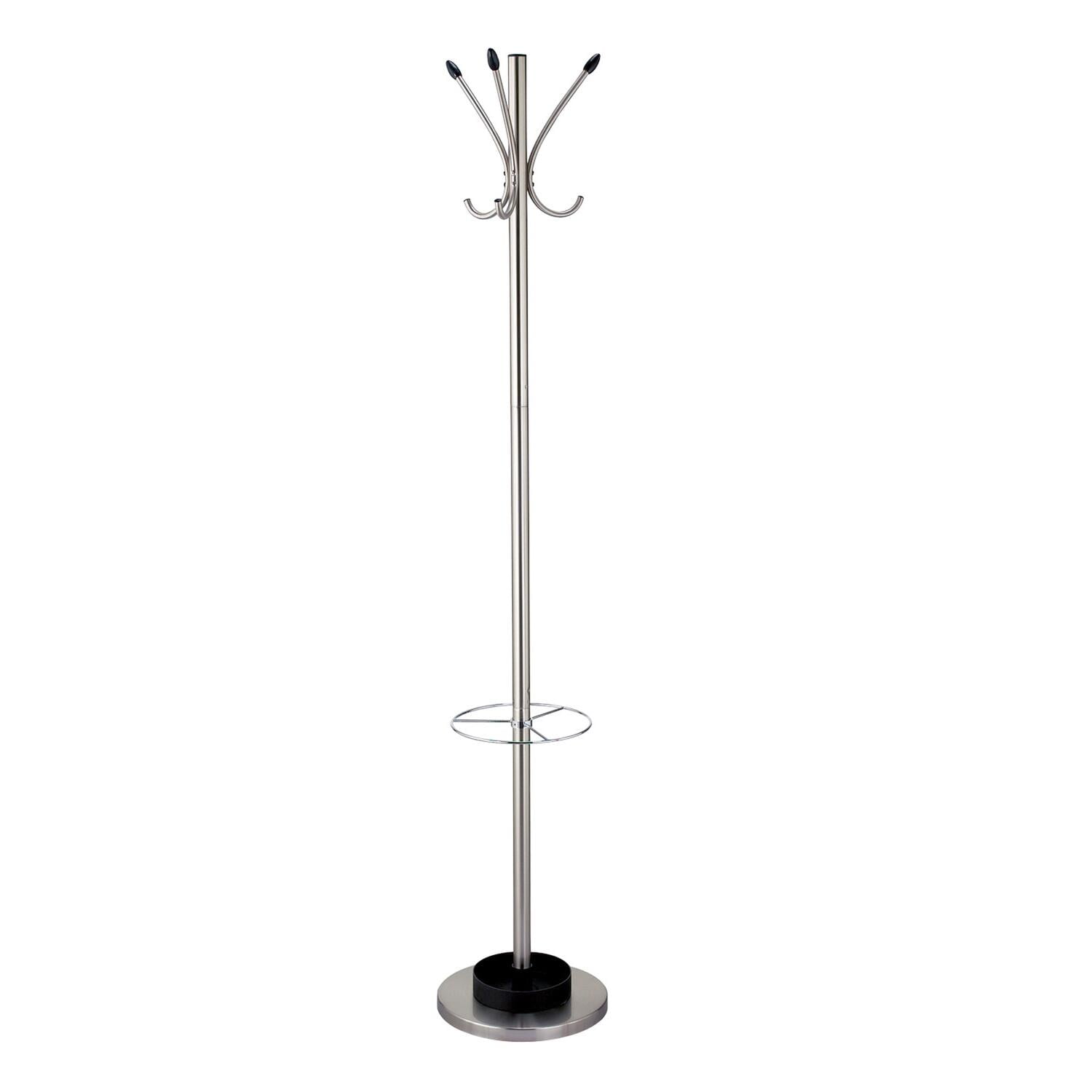 Tall Silver Steel Coat Rack with Umbrella Stand and Black Accents