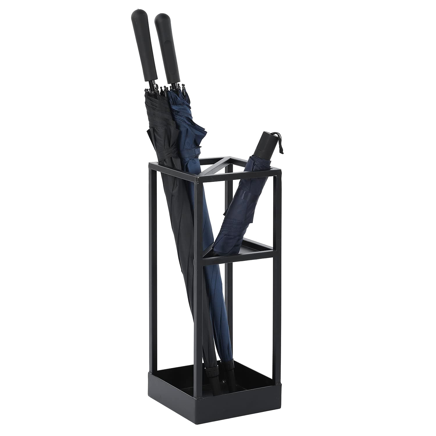 Umbrella Stand Holder For Entryway 20 Inch Tall Modern Metal Geometric Freestanding Rack Or Cane With Shelf Small And Bottom Drip Tray (black)