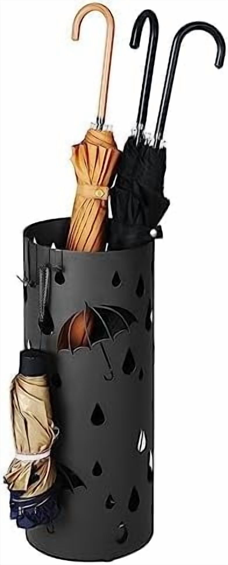 Umbrella Stand, Metal Umbrella Holder for Entryway, with Water Tray and 4 Hooks, 6.7 x 6.7 x 16.1 Inches, Round, Ink Black ULUC024B01