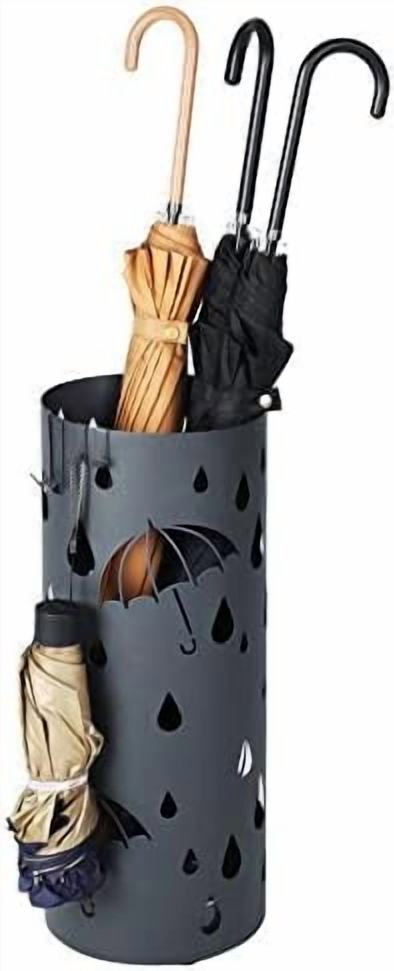Umbrella Stand, Metal Umbrella Holder for Entryway, with Water Tray and 4 Hooks, 7.7 x 7.7 x 19.3 Inches, Round, Anthracite Gray ULUC23AG