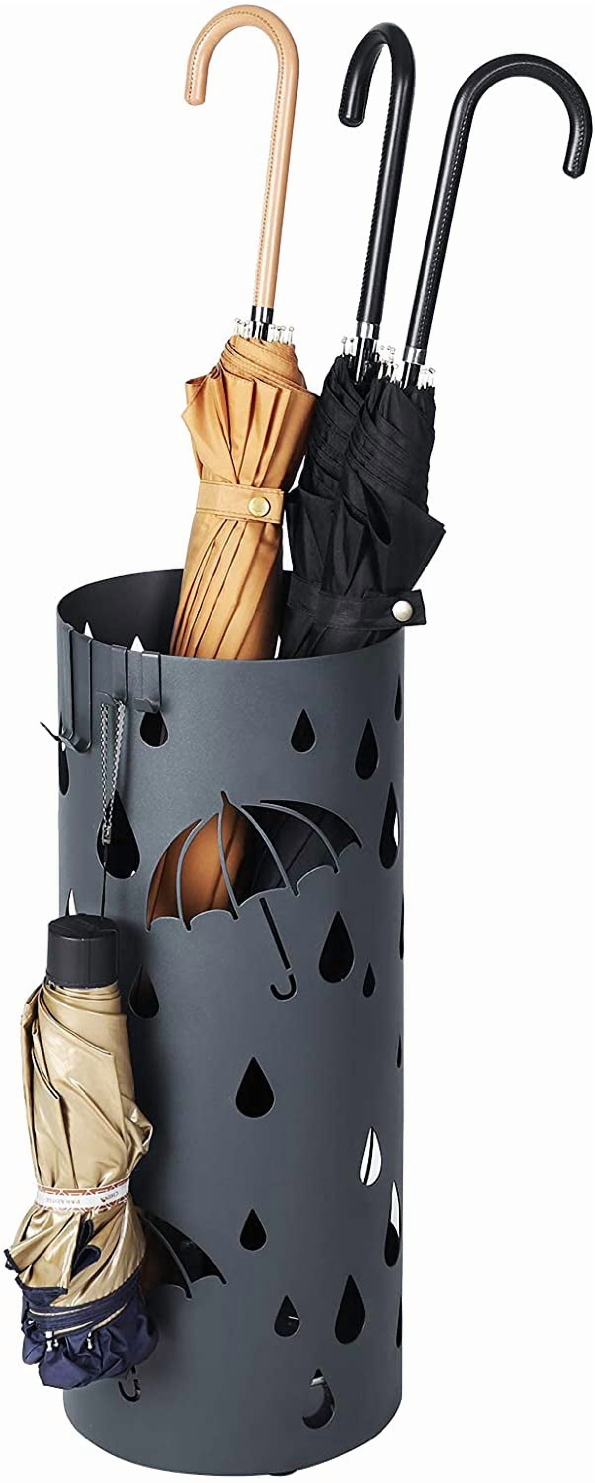 Umbrella Stand, Metal Umbrella Holder for Entryway, with Water Tray and 4 Hooks