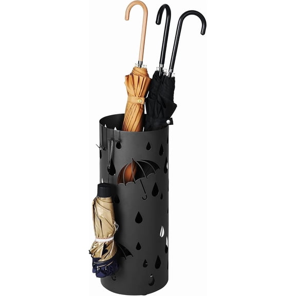 Umbrella Stand, Metal Umbrella Holder for Entryway, with Water Tray and 4 Hooks