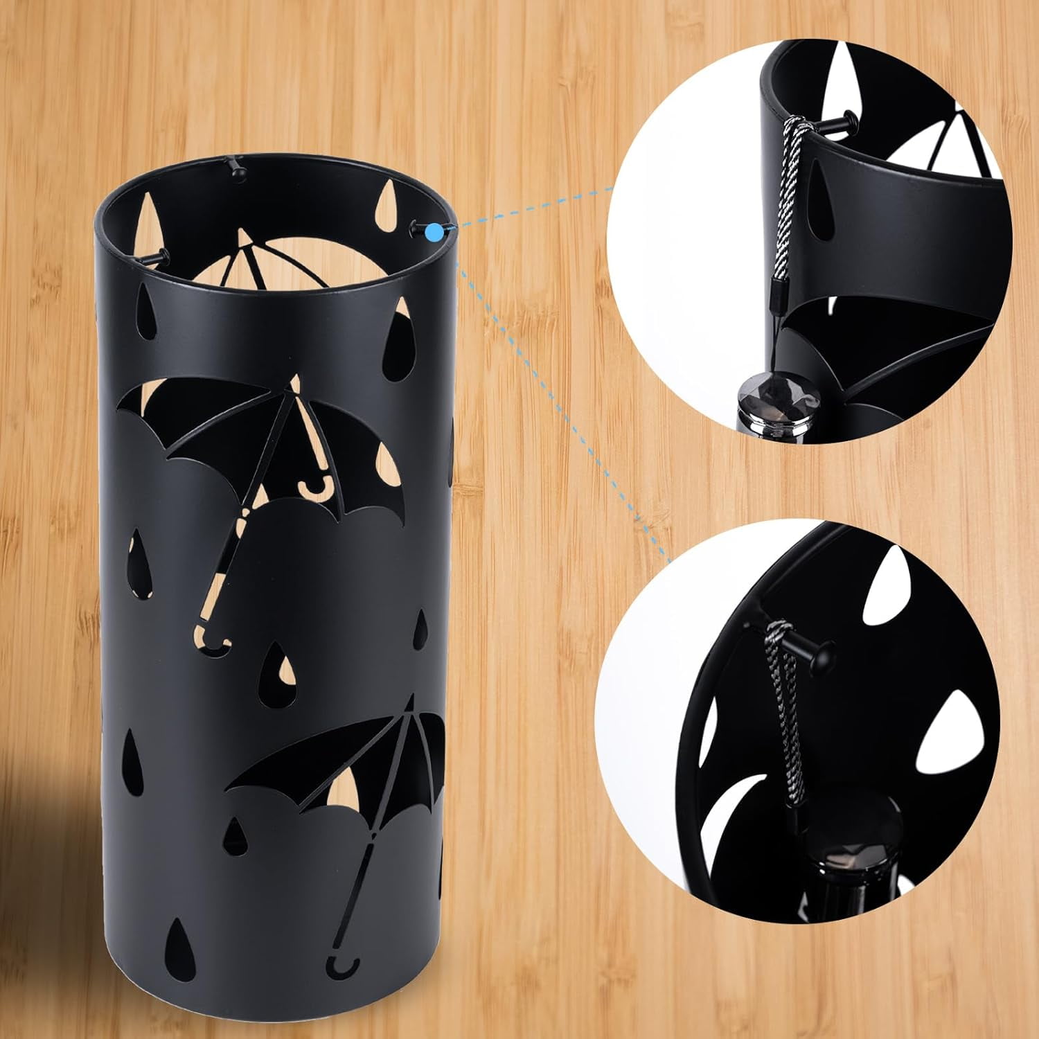 Umbrella Stand Rack, Black Round Metal Umbrella Holder, Free Standing Organizer with Hooks for Walk Stick
